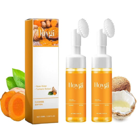 2 Pcs Hoygi Turmeric Kojic Acid Foaming Face Wash, Glow Wash Turmeric Face Wash with Brush Turmeric Foaming Facial Deep Cleansing Scrub Exfoliating.